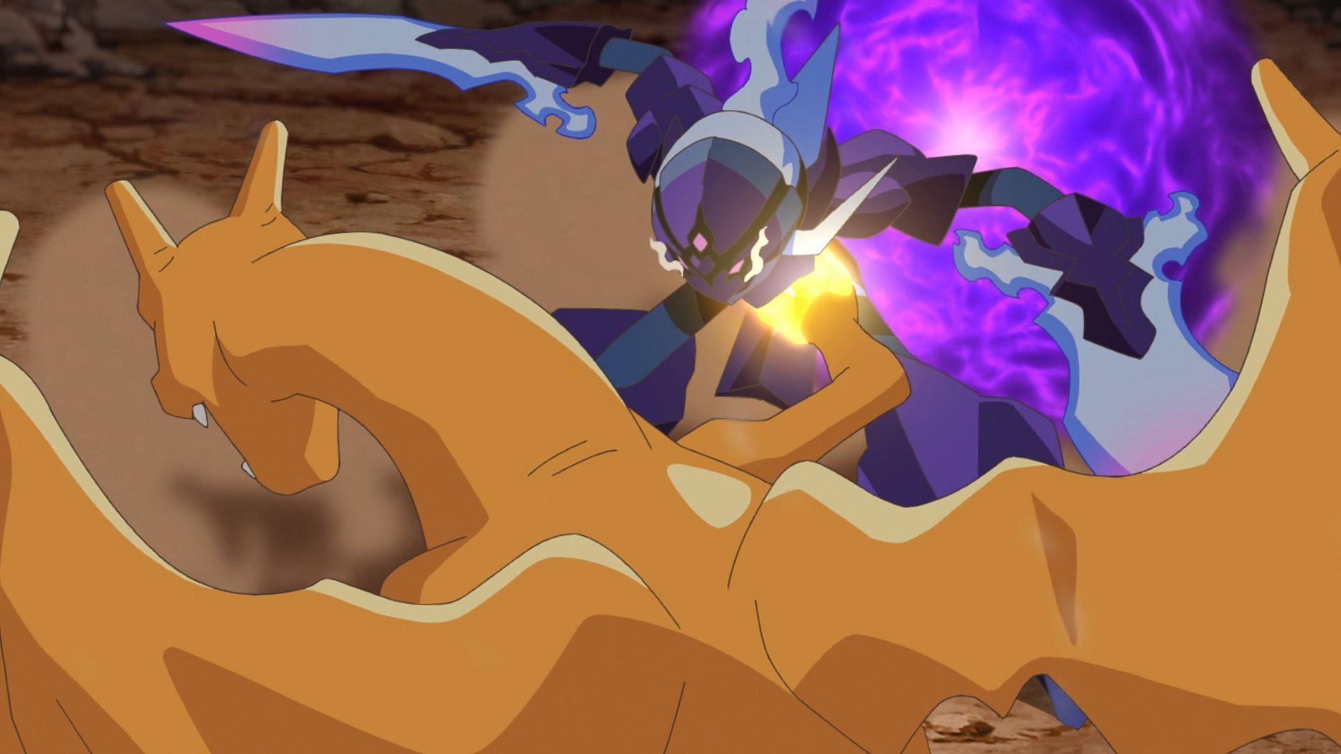Friede's Charizard faces off against Amethio's Ceruledge in Pokemon Horizons (Image via The Pokemon Company)